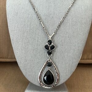 Black Beaded and Rhinestone Pendant on a Silver Tone Necklace